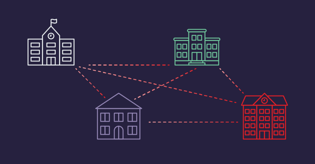 Connected buildings with different colors