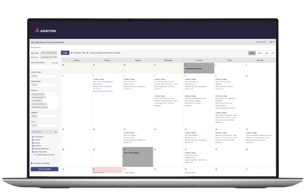 Facility calendar Arbiter interface. 