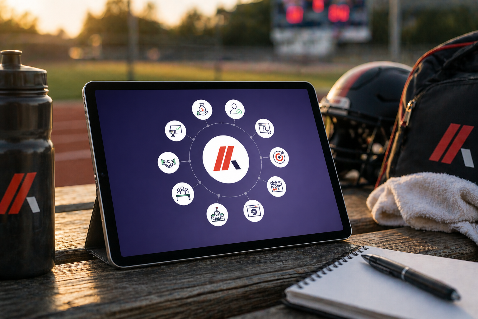 Tablet displaying icons on sports field