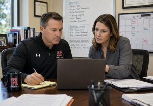 K-12 Administrator and Athletic Director going over facility calendar schedules using facility scheduling software.