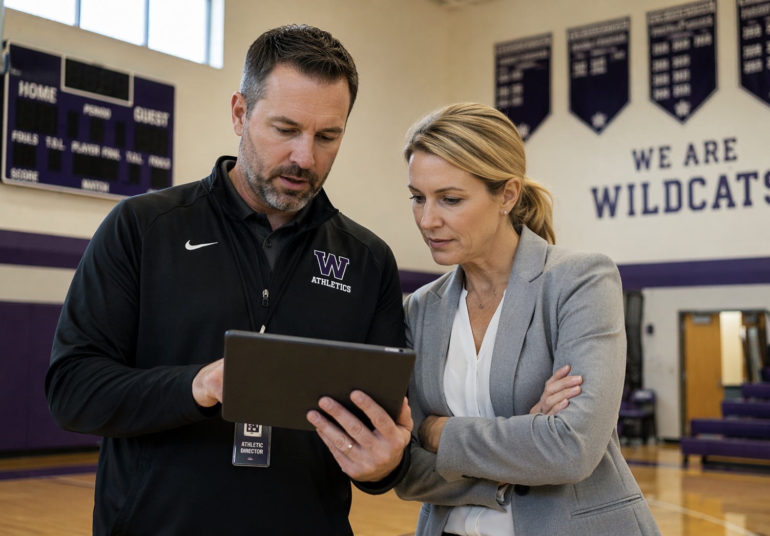 K-12 administrator and athletic director holding ipad checking over schedules with athletic management software